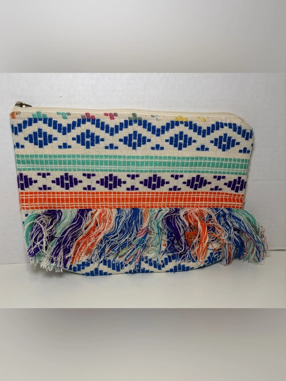 Fringe Embroidered Cotton Clutch in Blue, Orange & Teal